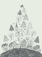 Vector illustration with shape of Christmas tree and houses on bright grey background. Postcard / greeting card - holiday and Christmas card. Winter design. Merry Christmas!