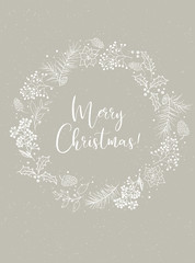 Vector Christmas illustration with floral wreath on beige snowy craft background. Postcard / greeting card. Winter design. Merry Christmas!