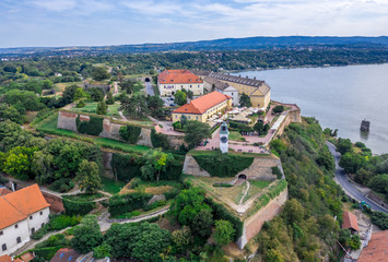 Fototapeta na wymiar Aerial panorama view of Petrovaradin fortress trdava above the Danube River across from Novi Sad Serbia with beautiful blue sky
