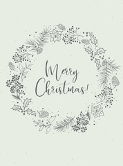 Vector Christmas illustration with floral wreath on grey background. Postcard / greeting card. Winter design. Merry Christmas!
