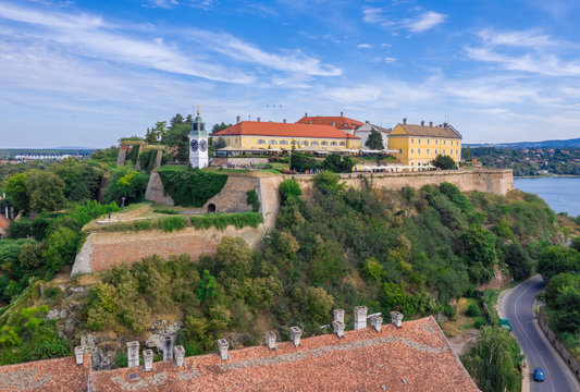 Aerial panorama view of Petrovaradin fortress trdava above the Danube River across from Novi Sad Serbia with beautiful blue sky