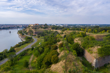 Fototapeta na wymiar Aerial panorama view of Petrovaradin fortress trdava above the Danube River across from Novi Sad Serbia with beautiful blue sky