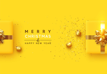 Christmas background. Realistic yellow gift boxes, with shiny golden confetti, Xmas balls, decorative baubles. Flat lay, top view. Festive New Year poster, greeting cards, banner. vector illustration