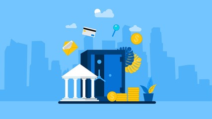 Big bankers are involved in work, saving or raising money.Vector Illustration, Suitable For web landing page,Wallpaper, Background, Card, banner,Book Illustration