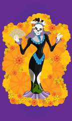 New design of Mexican Catrina, with Spanish style dress with background decorated with flowers. Symbol of Mexican customs.