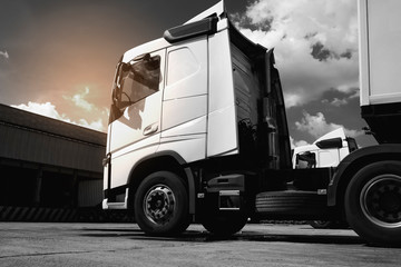 Semi Trailer Trucks The Parking lot at The Warehouse. Delivery Container Trucks. Cargo Shipping....