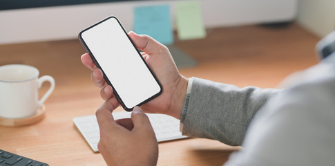Cropped shot of young businessman holding blank screen smartphone while working on his project