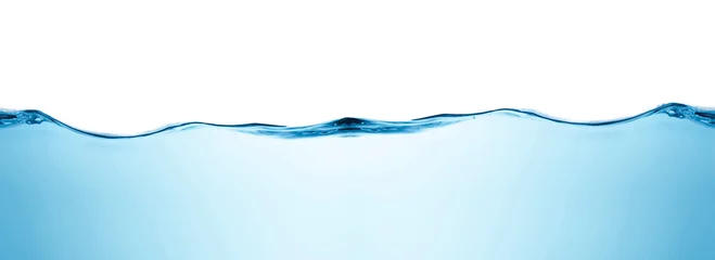 Fototapeten Blaues Wasser spritzt Wellenoberfläche mit Luftblasen auf weißem Hintergrund. © chaiwat