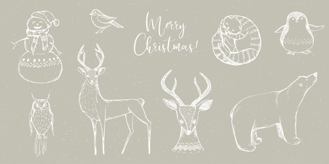Obraz premium Vector Christmas illustration collection - snowman, owl, deer, cat, white bear, penguin on beige / grey snowy craft background. Winter design. Merry Christmas and Happy New Year!