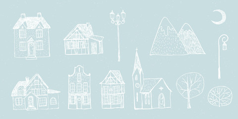 Vector Christmas illustration collection of cozy houses, cottages, church, mountains, street lamps, moon, trees on blue snowy craft background. Winter design. Merry Christmas and Happy New Year!