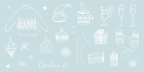 Vector Christmas illustration collection - sweater, toys, Christmas tree decorations, champagne glasses, hat, house, gifts, gloves, snowflakes, tea cup on blue snowy craft background. Winter design.