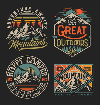 Collection of vintage explorer, wilderness, adventure, camping emblem graphics. Perfect for t-shirts, apparel and other merchandise