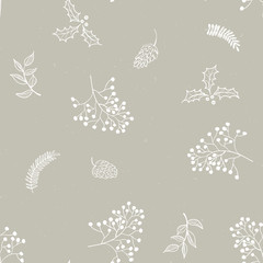 Seamless floral Christmas pattern with white tree branches, fir cones, berries, leaves on beige background. Graphic illustration. 