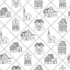 Seamless square lined Christmas pattern with black cottage, house, church on white background