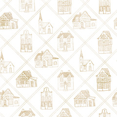 Seamless square lined Christmas pattern with gold cottage, house, church on white background. Graphic illustration. Buildings collection. 