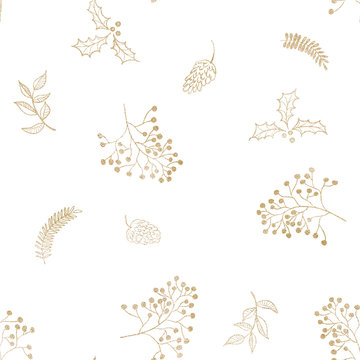 Seamless Floral Christmas Pattern With Gold Tree Branches, Fir Cones, Berries, Leaves On White Background. Graphic Illustration. 