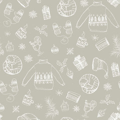 Seamless Christmas pattern with white sweaters, cat, gifts, mulled wine, mug, gloves, hat, Christmas tree toys, snowflakes on beige background. Graphic illustration. Christmas props.