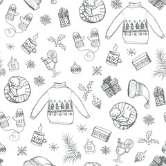 Seamless Christmas pattern with black sweaters, cat, gifts, mulled wine, mug, gloves, hat, Christmas tree toys, snowflakes on white background. Graphic illustration. Christmas props.