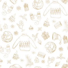 Seamless Christmas pattern with gold sweaters, cat, gifts, mulled wine, mug, gloves, hat, Christmas tree toys, snowflakes on white background. Graphic illustration. Christmas props.