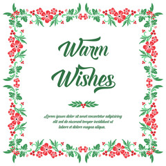 Lettering warm wishes, with cute red flower frame, isolated on white background. Vector
