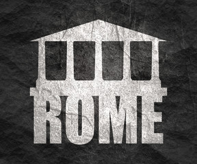 Travel template. Rome city name text with ancient temple silhouette
