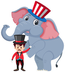 Single character of ring master and elephant on white background
