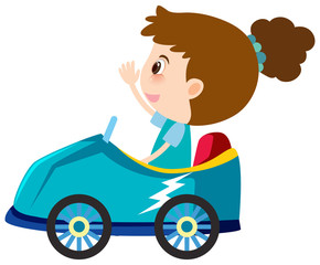 Single character of girl in blue car on white background