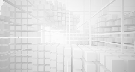 Abstract white architectural interior from an array of white cubes with large windows. 3D illustration and rendering.