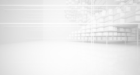 Abstract white architectural interior from an array of white cubes with large windows. 3D illustration and rendering.