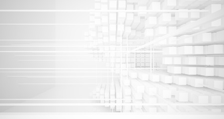 Abstract white architectural interior from an array of white cubes with large windows. 3D illustration and rendering.