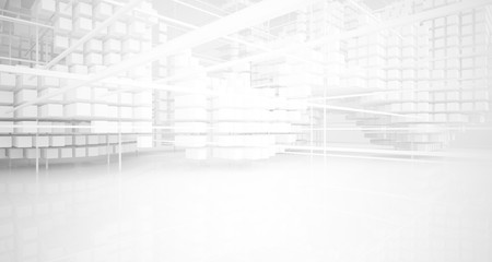 Abstract white architectural interior from an array of white cubes with large windows. 3D illustration and rendering.