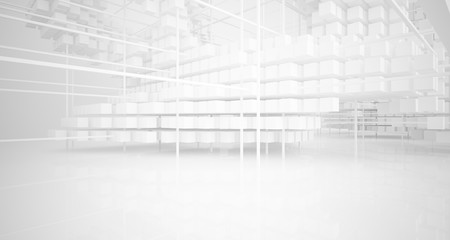 Abstract white architectural interior from an array of white cubes with large windows. 3D illustration and rendering.