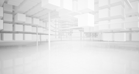 Abstract white architectural interior from an array of white cubes with large windows. 3D illustration and rendering.