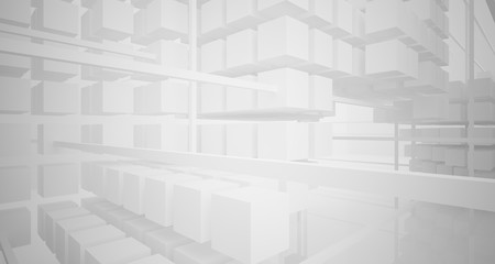 Abstract white architectural interior from an array of white cubes with large windows. 3D illustration and rendering.