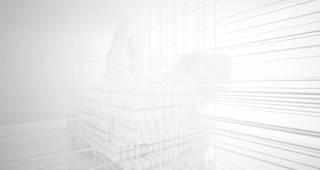 Abstract white architectural interior from an array of white cubes with large windows. 3D illustration and rendering.