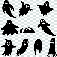 set, ghost, halloween, vector, cartoon, collection, graphic, silhouette, autumn, background, black, celebration, creepy, cute, dark, dead, death, decoration, demon, design, evil, face, fear, figure, f