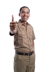 man in brown khaki uniform showing thumb up. indonesian government worker