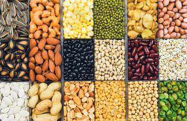 Collage various beans mix peas agriculture of natural healthy food for cooking ingredients - Set of different whole grains beans and legumes seeds lentils and nuts colorful snack texture background
