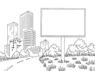 Road billboard graphic black white city street landscape sketch illustration vector