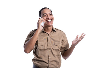 Fototapeta premium young government worker talking with mobile phone isolated over white background