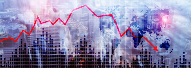 Chart with red down arrow on abstract background. Falling growth in business - obrazy, fototapety, plakaty