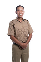 portrait of government worker wearing khaki uniform. pegawai negeri sipil of indonesia pns