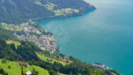 Switzerland, Panoramic view on Vitznau village and lake Lucerne