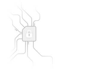 Cyber security illustration, grey lock file icon on circuit line on white background, copy space composition.