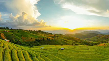 Panorama Aerial view Sunset scene of Pa Bong Piang terraced rice fields, Mae Chaem, Chiang Mai Thailand