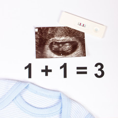 Pregnancy test, ultrasound scan of baby and clothing for newborn, expecting for baby