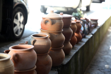 Traditional Azerbaijan handmade clay pots from Sheki at the market