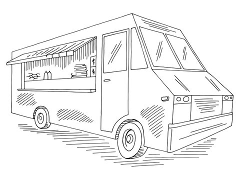 Food truck graphic black white isolated sketch illustration vector