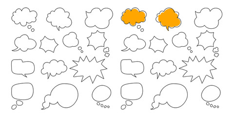 Speech bubble shaped banners,Hand drawn Doodle style thinking balloons, price tags, stickers, posters, badges, isolated on white background.