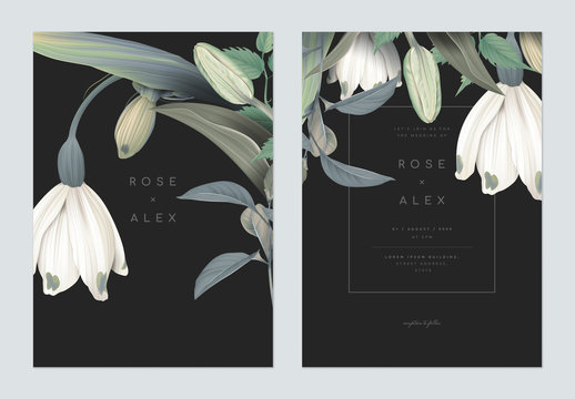 Floral wedding invitation card template design, snowdrop, tulip and leaves on dark grey